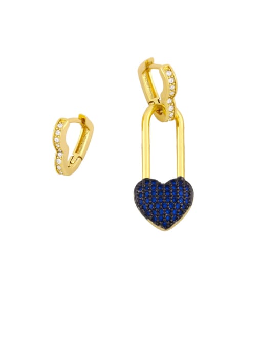 blue Brass Cubic Zirconia Asymmetry  Heart Vintage Huggie Earring