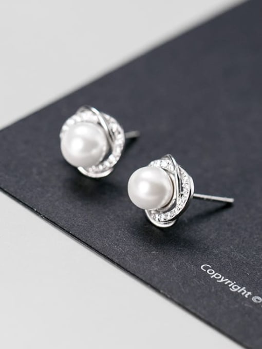Rosh 925 Sterling Silver Imitation Pearl Flower Minimalist Stud Earring 2