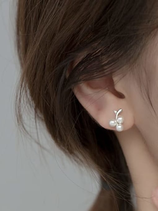 Rosh 925 Sterling Silver Imitation Pearl Flower Cute Stud Earring 2