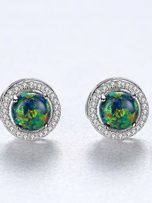 Green 18H04 925 Sterling Silver Opal Round Minimalist Stud Earring