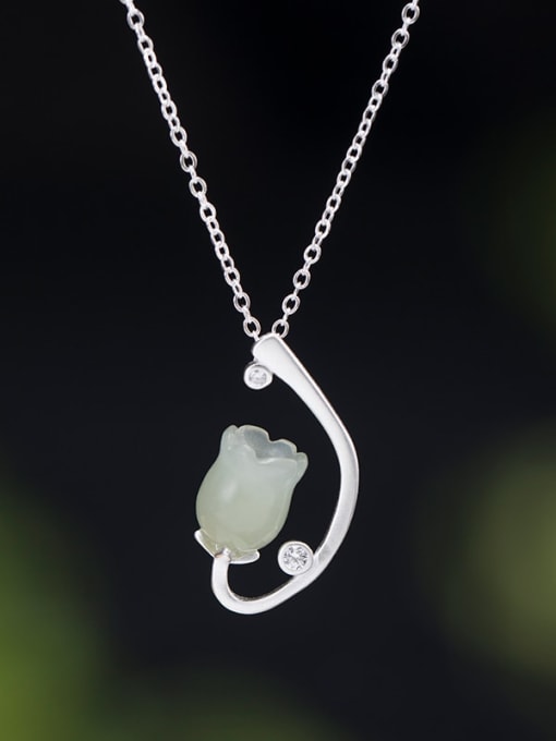 SILVER MI 925 Sterling Silver Jade Flower Minimalist Necklace 2