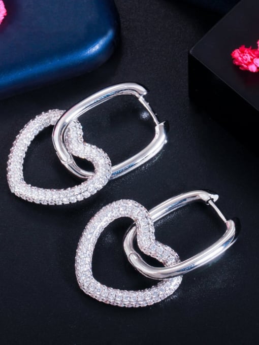 Platinum White Brass Cubic Zirconia Heart Luxury Cluster Earring
