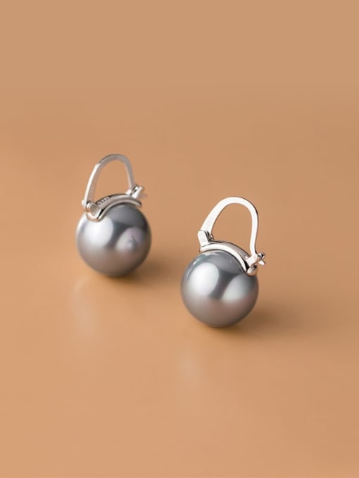 Grey Shell Bead+Silver 925 Sterling Silver Imitation Pearl Geometric Minimalist Huggie Earring