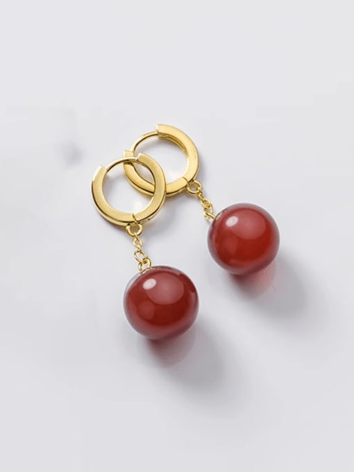 Red Pearl Gold Style 925 Sterling Silver Natural Stone Ball Minimalist Huggie Earring