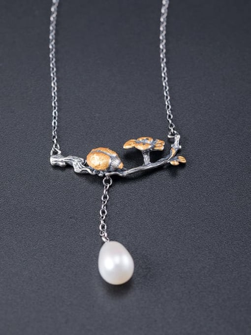 SILVER MI 925 Sterling Silver Imitation Pearl Ladybird  Flower Vintage Tassel Necklace 1