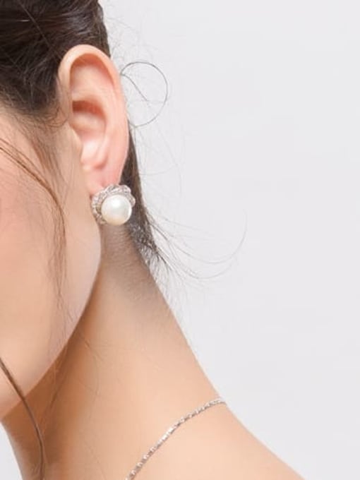 BLING SU Copper Imitation Pearl Flower Dainty Stud Earring 3