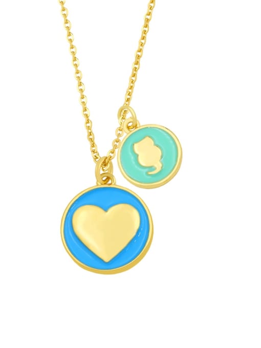 Green +blue Brass Enamel Heart Minimalist Round Penadnt Necklace