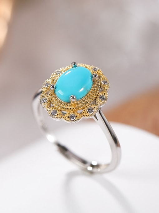 DEER 925 Sterling Silver Turquoise Flower Ethnic Band Ring 0