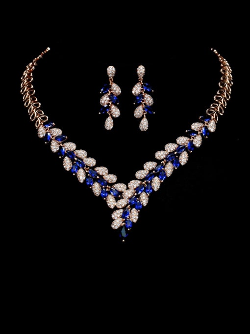 blue Brass Cubic Zirconia Luxury Leaf  Earring and Necklace Set