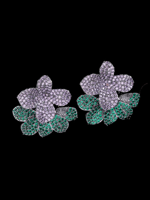 Purple Brass Cubic Zirconia Flower Luxury Cluster Earring