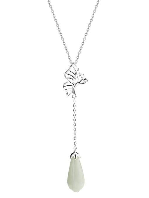 SILVER MI 925 Sterling Silver Jade Butterfly Tassel Vintage Necklace 2