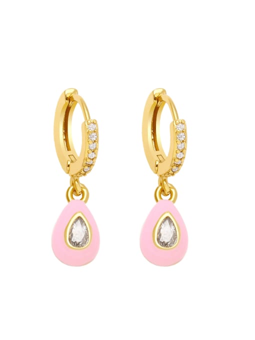 Pink Brass Cubic Zirconia Multi Color Enamel Water Drop Vintage Huggie Earring