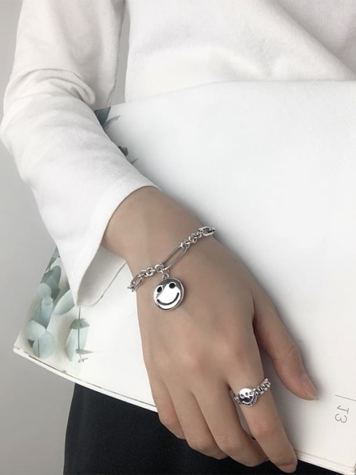 SHUI Vintage Sterling Silver With Simple Retro Hollow Chain Smiley Bracelets 1