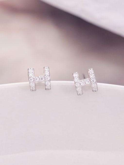 ES1787 【 Platinum 】 925 Sterling Silver Cubic Zirconia Letter  H Minimalist Stud Earring