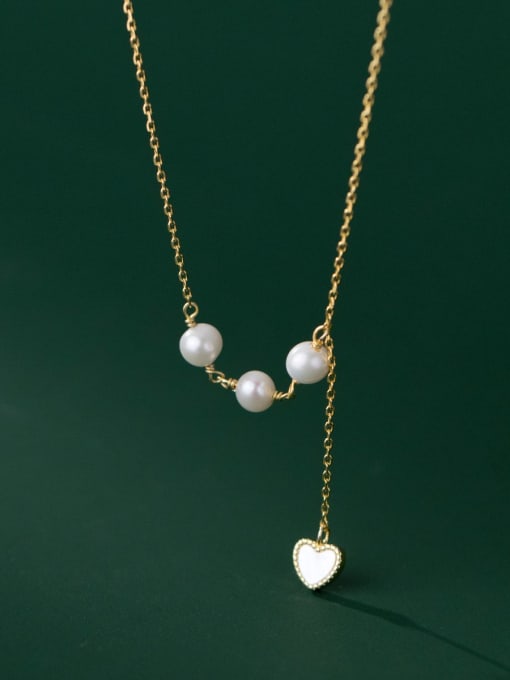Rosh 925 Sterling Silver Imitation Pearl Heart Tassel Minimalist Tassel Necklace 2
