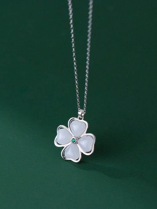 Rosh 925 Sterling Silver Cats Eye Clover Minimalist Necklace 2