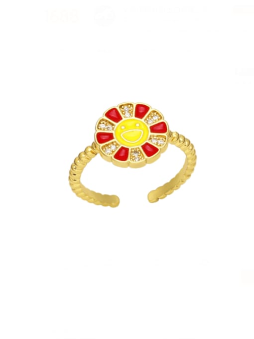 red Brass Enamel Smiley Flower Cute Band Ring