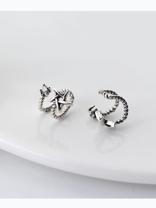 Rosh 925 Sterling Silver Retro thread double layer Pentagram Ear clip without pierced ears 0