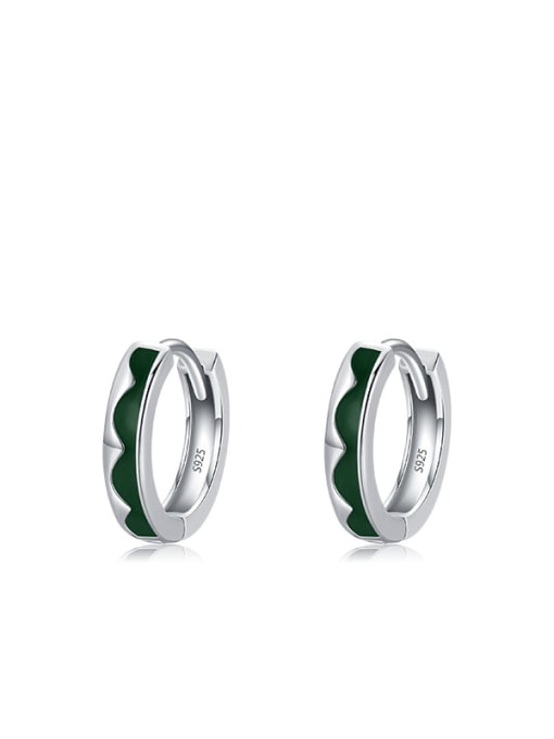 green 925 Sterling Silver Enamel Round Minimalist Huggie Earring
