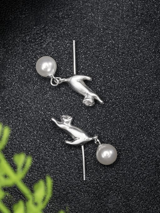 SILVER MI 925 Sterling Silver Imitation Pearl Cat Vintage Drop Earring 1