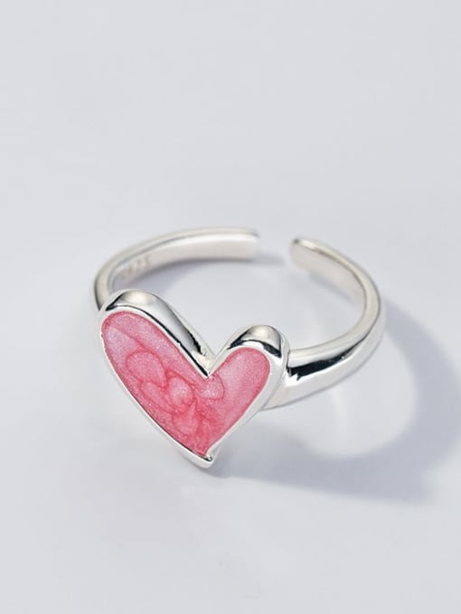 S925 Silver Ring Pink Gel (Silver) 925 Sterling Silver Enamel Heart Minimalist Band Ring