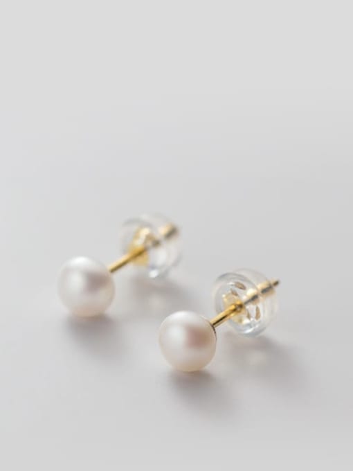 White Pearl Earrings Gold5 -6mm 925 Sterling Silver Freshwater Pearl  Round Minimalist Stud Earring