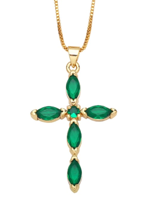 green Brass Cubic Zirconia Cross Vintage Regligious Necklace