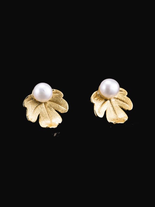 SILVER MI 925 Sterling Silver Imitation Pearl Flower Vintage Stud Earring 1