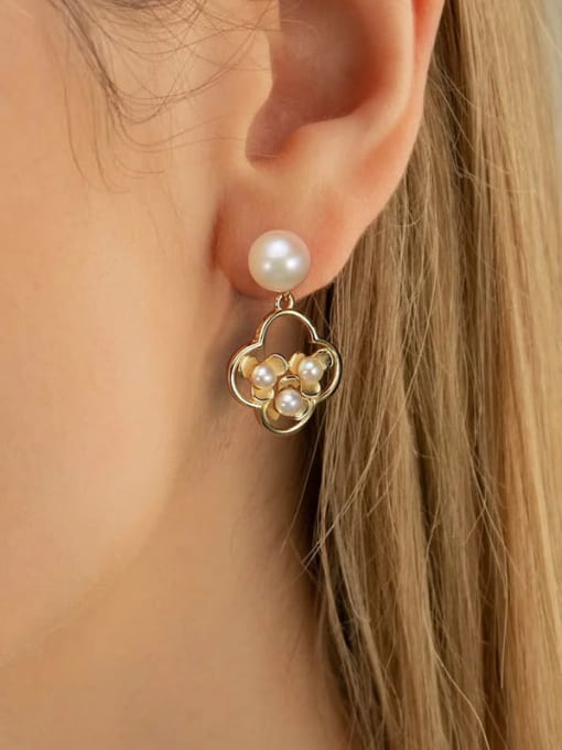 RINNTIN 925 Sterling Silver Imitation Pearl Clover Vintage Drop Earring 1