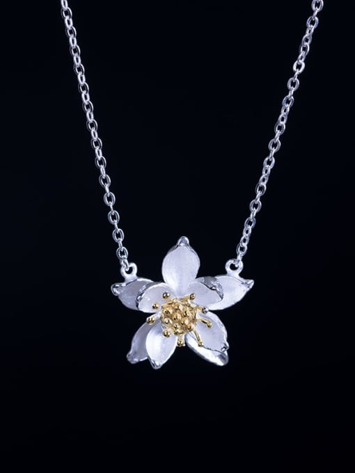 SILVER MI 925 Sterling Silver Imitation Pearl  Vintage Lotus Pendant Necklace