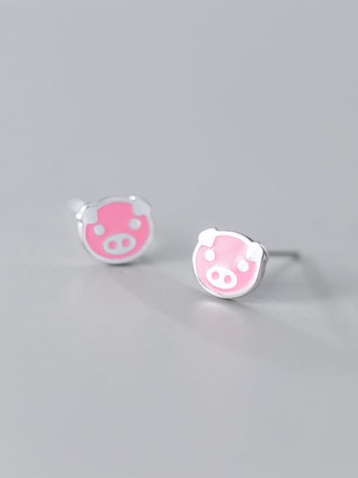 Rosh 925 Sterling Silver Pink Enamel  Cute  Pig head Stud Earring 2