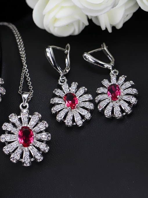 Red Ring Size 7 Brass Cubic Zirconia Luxury Flower  Earring Ring and Necklace Set