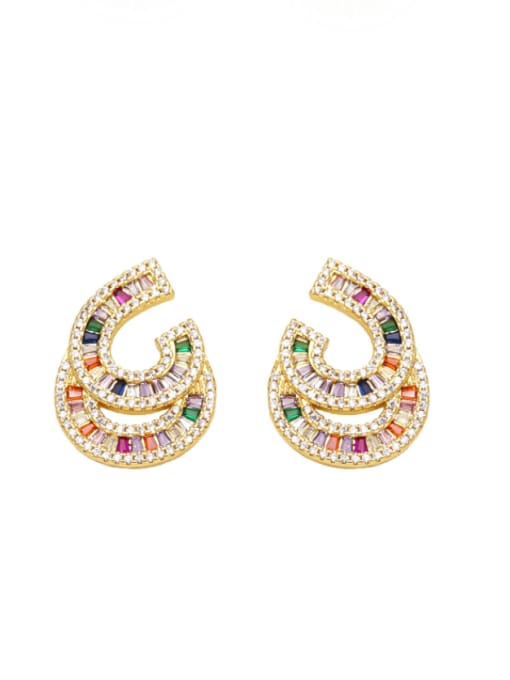 Mixed color Brass Cubic Zirconia Geometric Luxury Double Layer C Shape  Stud Earring