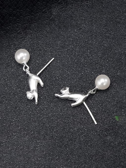 SILVER MI 925 Sterling Silver Imitation Pearl Cat Vintage Drop Earring 0