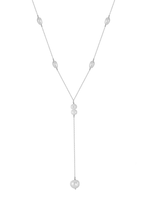 Platinum, weighing 5.08g 925 Sterling Silver Imitation Pearl Tassel Minimalist Lariat Necklace