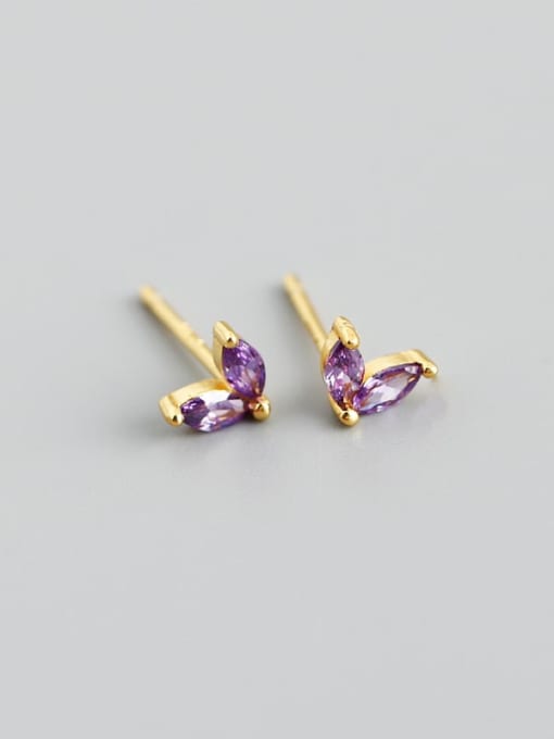 Purple stone (gold) 925 Sterling Silver Cubic Zirconia Leaf Minimalist Stud Earring