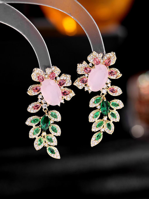 Pink Zirconium Brass Cubic Zirconia Flower Luxury Drop Earring
