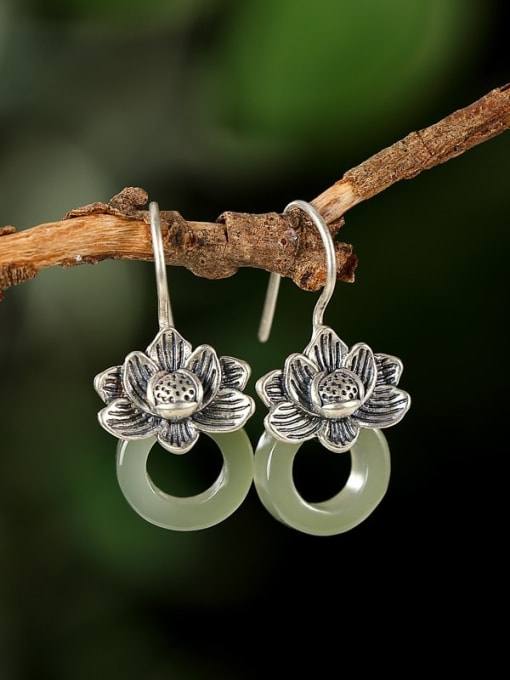 DEER 925 Sterling Silver Jade Flower Vintage Hook Earring 2
