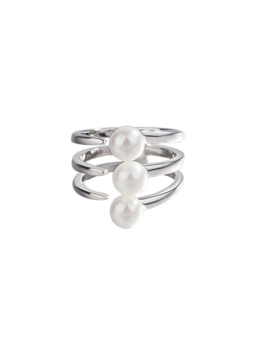 HAHN 925 Sterling Silver Imitation Pearl  Minimalist Multilayer lines Stackable Ring 0