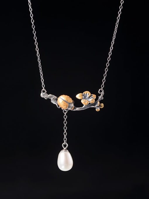 SILVER MI 925 Sterling Silver Imitation Pearl Ladybird  Flower Vintage Tassel Necklace 0