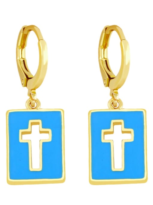 blue Brass Enamel Cross Minimalist Huggie Earring