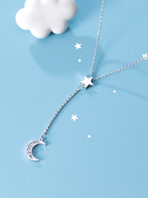 Rosh 925 Sterling Silver  Minimalist Simple and stylish diamond  moon Y-shaped star necklace