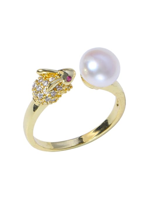 RAIN Brass Freshwater Pearl Cat Vintage Band Ring 0