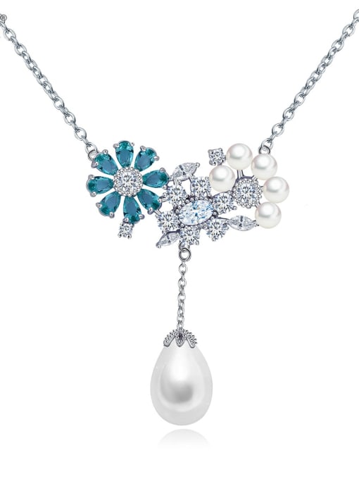 BLING SU Copper Imitation Pearl White Enamel Flower Cute Necklace 0