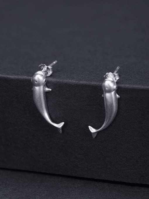 SILVER MI 925 Sterling Silver Fish Vintage Stud Earring 2