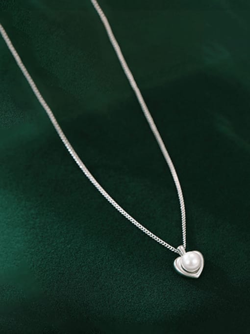 NS1099 【 Platinum 】 925 Sterling Silver Imitation Pearl Heart Minimalist Necklace