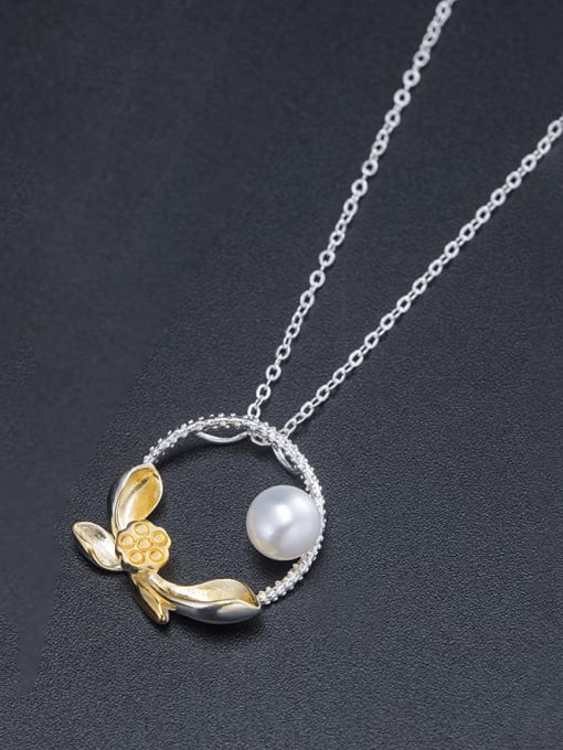 SILVER MI 925 Sterling Silver Freshwater Pearl Lotus Flower Vintage Necklace 2