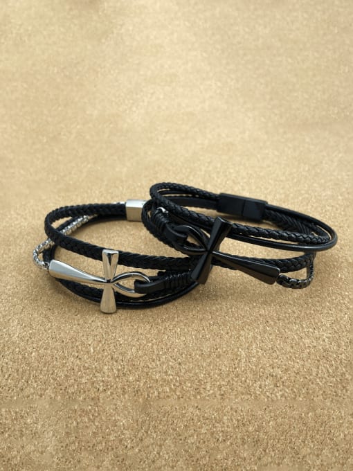 Open Sky Titanium Steel Artificial Leather Weave Minimalist Strand Bracelet 2