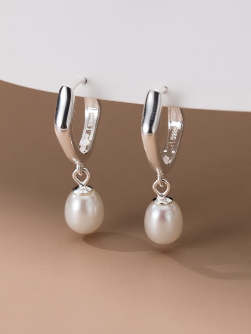 Silver 925 Sterling Silver Imitation Pearl Geometric Minimalist Huggie Earring