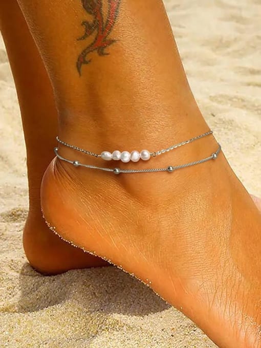 RINNTIN 925 Sterling Silver Freshwater Pearl Geometric Minimalist Anklet 1